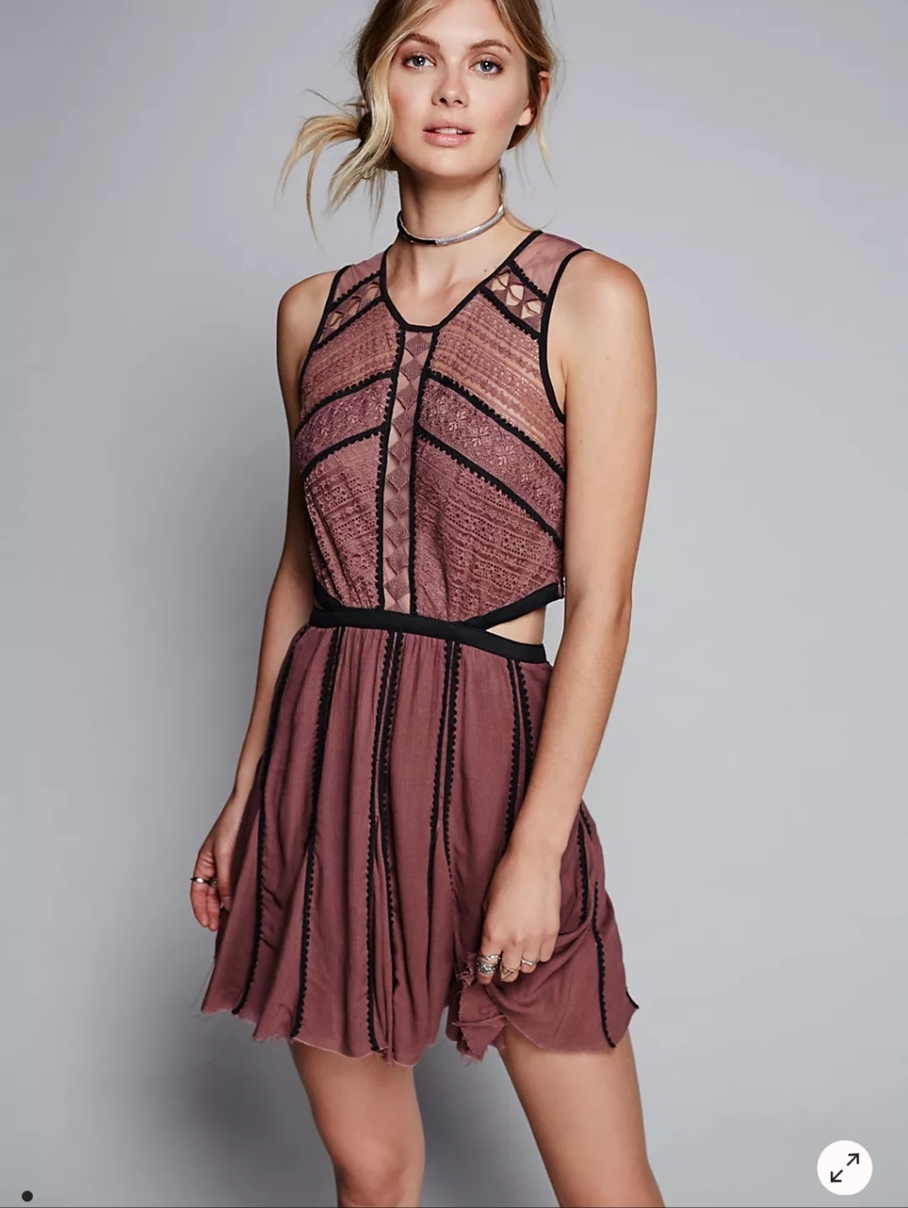 Free People One Byzantina Solid Lace mini Dress Mauve Cutout boho Womens Large - Picture 1 of 9